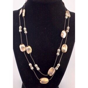 Silver Stone Beaded Necklace on Leather Rope 38" Length Heavy May be Sterling